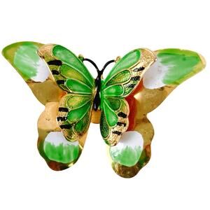 Vintage Mid Century Green Enamel Butterfly Brooch Layered Gold Tone Figural Pin